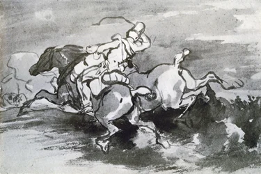 Tykistäjä johdattaa hevositaan kentälle, 1913.