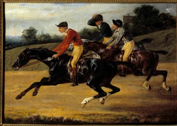 Hevosurheilu: "" Hevoset ratsastettuna vasemmalle laukkalle"" Theodore Gericaultin (1791-1824) maalaus