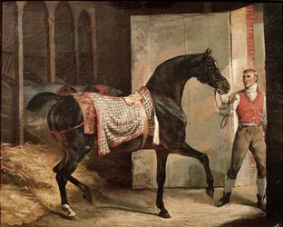 Hevonen poistumassa tallilta (öljy kankaalle, 1800-luvun alku)