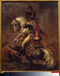 Metsästäjän hevosella Imperiumin vartijan upseeri Theodore Gericaultin (1791-1824) 1800-luvun su. 0,27x0,22 m bajonni, Musee Bonnat