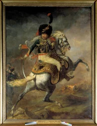 Keisarillisen kaartin ratsastavien jääkärien upseeri hyökkäyksessä. Théodore Géricault