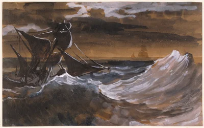 Purjevene raivoavalla merellä, n. 1818-1819 (sivellin ja ruskea pesu, akvarelli mustalla liidulla)