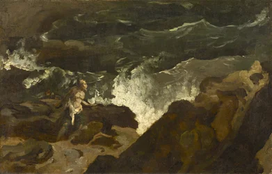 Haaksirikko rannalla, noin 1822-3 (öljy paperille ja kankaalle kiinnitettynä).