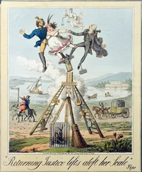 Returning Justice Lifts Aloft Her Scale, julkaisija G. Humphrey, Lontoo, 1821 (kaiverrus paperille)