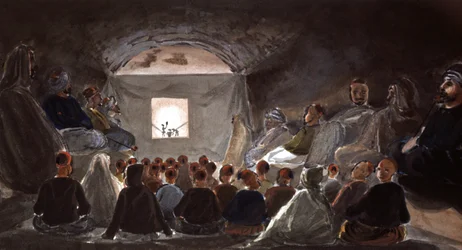 Nukketeatteriesitys koulussa Algeriassa, noin 1830 (akvarelli).