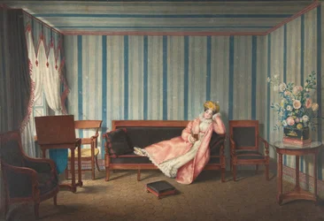 Vaaleanpunainen nainen makaamassa canapessa, 1819.