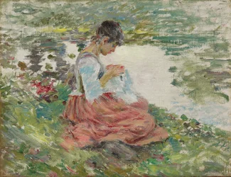 Girl Sewing by River, n. 1891