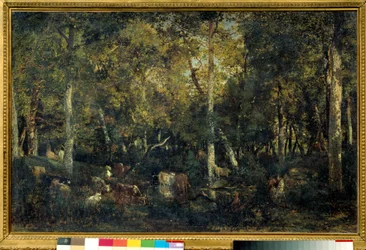 Puusisustus nimeltä Bas-Breaun vanha asuntola (Fontainebleaun metsä) Theodore Rousseaun maalaus (1812-1887) 1836 Su. 0,65x1,03 m Pariisi, Orsay-museo
