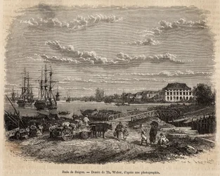 La rade de Saigon, kaiverrus T. Weberin piirustuksen mukaan, joka havainnollistaa matkaa Cochinchineen, tohtori Morice, vuonna 1872, julkaistu "" Le tour du monde""" 1875, toimittanut Edouard Charton, Hachette painos, Pariisi. Selva Collection.