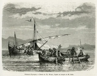 Sienikalastajat Nafplionlahdella, piirros The. Weber havainnollistaa tarinaa Kreikan matkasta vuosina 1861, 1868 ja 1874, kirjoittanut Henri Belle. Kaiverrus kirjassa Le tour du monde