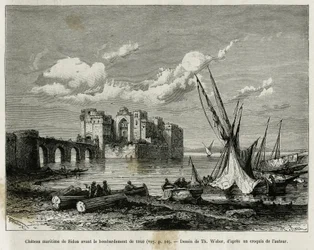 Sidonin merilinna ennen vuoden 1840 pommitusta. Kaiverrus Th. Weber havainnollistaa tarinaa La Syria d