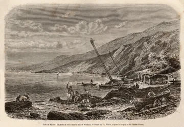 Tonnikalan kalastus Proeluccanlahdella (Fiumenlahti tai Rijeka, Istria), kalapankkien näköalapaikka ahvenee korkealla suomussa ja kertoo joukkueensa kalastajille tai heittää verkkonsa rannikolle. Kaiverrus T.Weberin piirustuksen jälkeen, havainnollistamaan