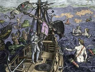 Allegorie des voyages de Christopher Columbus (1451-1506), kaiverrus Theodor de Bryn (1527-1598) teoksesta "Historia America sive Novi Orbis", Amsterdam 1594