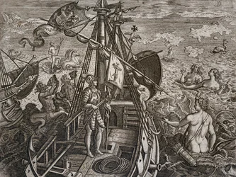 Allegoria Kristoffer Kolumbuksen matkasta löytämään Uutta maailmaa, kaiverrus, tekijänä Theodor de Bry (1528-1598)
