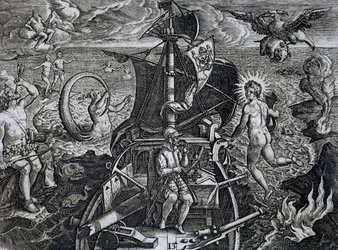 Allegoria Ferdinand Magellanin (1480-1521) matkoista, kaiverrus Theodor de Bry (1528-1598)