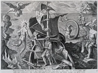 Allegoria Ferdinand Magellanin (1480-1521) matkoista, kirjoittanut Theodor de Bry (1528-1598)