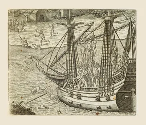 Bartolomeo Diaz ripustaa intiaaneja karavellin päällä, kaiverrus Theodor de Bry (1528-1598) Americae pars quarta, sive, Insignis et admiranda historia de reperta primum Occidentali India Christophoro Columbo, Girolamo Benzoni