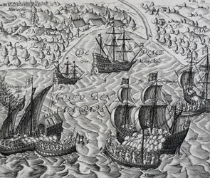 Taistelu Maticalin kaupungin edessä Bengalinlahdella, kaiverrus Indiae Orientalisista, kirjoittanut Theodor de Bry (1528-1598)