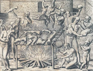 Brasilian sisäosien heimojen kannibalismi, kaiverrus Theodore de Bryn (1528-1598) teoksesta "Amerikan historia", Frankfurt, Etelä-Amerikka