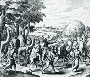 Arabikauppiaiden karavaani matkustamassa Alepposta Basraan, kaiverrus Grands and Petits Voyagesista, Theodor de Bry (1528-1598), Lähi-itä