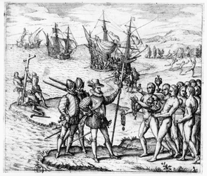 Kristoffer Kolumbus (1451-1506) vastaanottaa Hispaniolassa (Haitissa) lahjoja päällikkö Guacanagarilta, teoksesta "Americae Tertia Pars IV", 1594