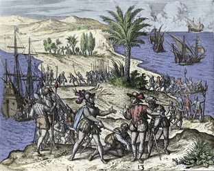 Francisco de Bobadilla pidätti Kristoffer Kolumbuksen ja hänen veljensä vuonna 1500. Théodore de Bryn (1528-1598) kaiverrus.
