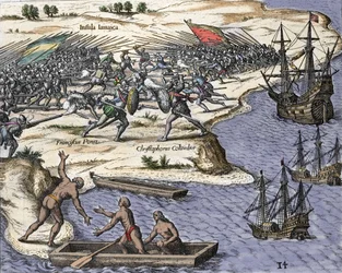 Kristoffer Kolumbuksen neljäs matka Jamaikalle vuosina 1502-1504: taistelu Francisco Porazia vastaan. Kaiverrus teoksesta "Historia Americae sive Novi Orbis", kirjoittanut Theodor de Bry (1527-1598), Amsterdam 1594.