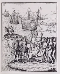 Columbus at Hispaniola, julkaisusta "The Narrative and Critical History of America", toimittanut Justin Winsor, Lontoo, 1886