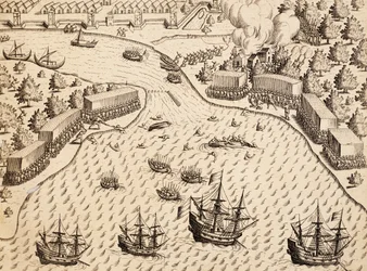 Hollantilaisten saapuminen Maduran saarelle, Jaava, kaiverrus teoksesta India Orientalis, Theodor de Bry (1528-1598), Indonesia.