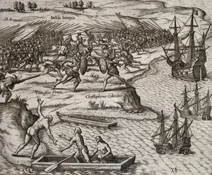 Kristoffer Kolumbuksen ja Francesco Poresion välinen taistelu Jamaikalla, Theodor de Bryn (1528-1598) kaiverrus.