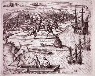 Kristoffer Kolumbuksen neljäs matka Jamaikan saarella vuonna 1503 (kaiverrus