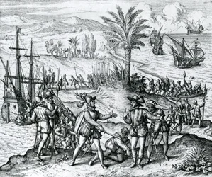 Francisco de Bobadilla saapuu kuvernöörinä ja pidättää Kristoffer Kolumbuksen (1451-1506) Hispaniolassa, 1500, 1590