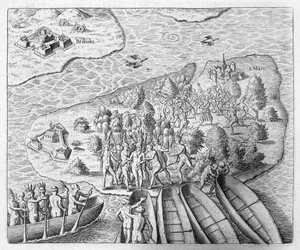 Hans Staden, jonka Tupinamba-intiaanit vangitsivat hänen Brasilian-matkallaan vuonna 1552, Johann Ludwig Gottfriedin teoksesta "Newe Welt und Americanische Historien", jonka on julkaissut Mattaeus Merian, Frankfurt, 1631 (eng.)