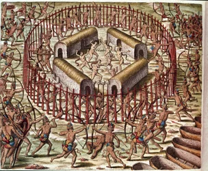 Amerikan historia: "" Intiaanikylä Virginiassa"" Kaiverrus Theodore de Bryn (1528-1598) "" Admirable Narratio Americae -kirjasta"