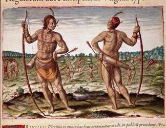Amerikan historia: "" Kaksi Virginian asukasta, intialaiset nuolet ja jouset"" Kaiverrus Theodore de Bryn (1528-1598) "" Admirante Narratio Americaesta"