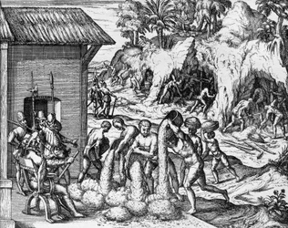 Mineraalien louhinta Keski- ja Etelä-Amerikassa, kaiverrus Americae pars V:stä, kirjoittanut Theodor de Bry (1561-1623)