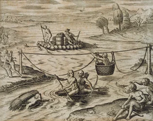 Alkuperäisen Amerikan intiaanit menevät alas joelle Rapids, kirjoittanut Theodore de Bry