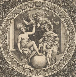 Kohtaus Misericordia ja Veritas ympyrässä keskellä, 1580-1600.