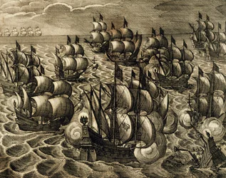 Rodrigo Mendozan espanjalainen Armada-komento, Theodore de Bryn (1528-1598) kaiverrus, jonka on ottanut Theodore de Bry, Espanja, 1602 Amerikan historiasta.