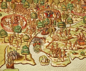 Piirityksen ja hyökkäyksen tekniikat, kaiverrus Theodor de Bry (1528-1598), kotoisin Americae tertia pars