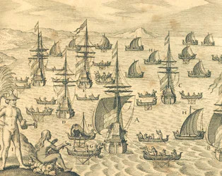 The Island of Thieves, kaiverrus teoksesta American History by Theodore de Bry, Pohjois-Amerikka 1700-luku.