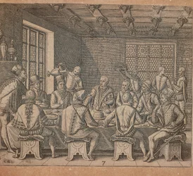 aKolumbuksen muna, Theodor de Bryn (1528-1598) kaiverrus Americae pars quarta, sive, Insignis et admiranda historia de reperta primum Occidentali India Christopher Columbus, Girolamo Benzoni