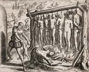 Kolmetoista hirtettyä ja poltettua uhria, kuvaus espanjalaisten siirtolaisten intiaaneihin kohdistamista rikoksista, Bartolomé de las Casasin teoksesta "Narratio regionum indicarum per Hispanos quosdam devastatarum verissima"