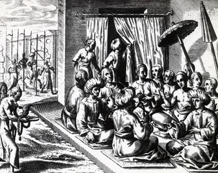 Hääseremonia Bantamissa, Jaavan saarella, Theodor de Bry (1528-1598). kaiverrus.