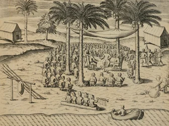 Tervetuloa Afrikan alkuperäiskansoista, kuvitus Indiane Orientalisista, Antonio Pigafetta, kirjoittanut Theodore de Bry