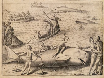 Valaanpyynti lähellä Huippuvuoria, kaiverrus Theodor de Bry (1528-1598) Intiasta Orientalis (Itä-Intia)