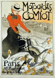 Mainosjuliste Comiot-moottoripyörille. Nuori nainen mopolla pyörähtää hanhiryhmän keskuudessa. Theophile Alexandre Steinlenin (1859-1923) juliste. 1899. Pariisi, koristetaide.