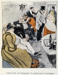 Filles et Marlous: Se on espanjalaisten juhla: notaari maksaa samppanjan – kirjassa "Dans la vie", kirjoittanut Steinlen 1901 (sama piirustus kuin nro 27695)