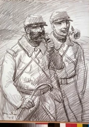 Ensimmäinen maailmansota: "The Hairy in 1915", ranskalaiset sotilaat. Piirustus: Theophile Alexandre Steinlen (1859-1923)