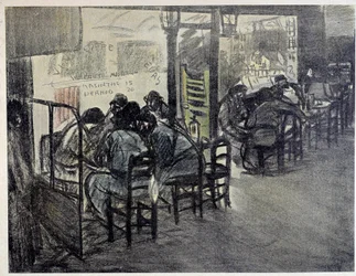 Kahvilan terassilla (Vitriinissä on kirjoitettu "" Absinthe 15", "" Pernod 20") Piirustus Theophile Alexandre Steinlen (1859-1923) 20th century Paris, Musee Carnavalet